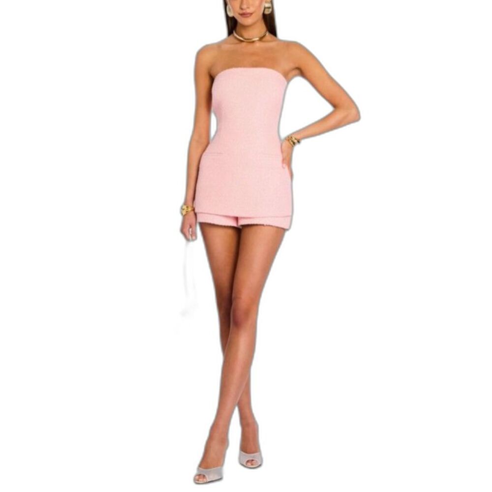 SEROYA Terry Women's Pink Boucle Strapless Skirted Mini Romper Size S